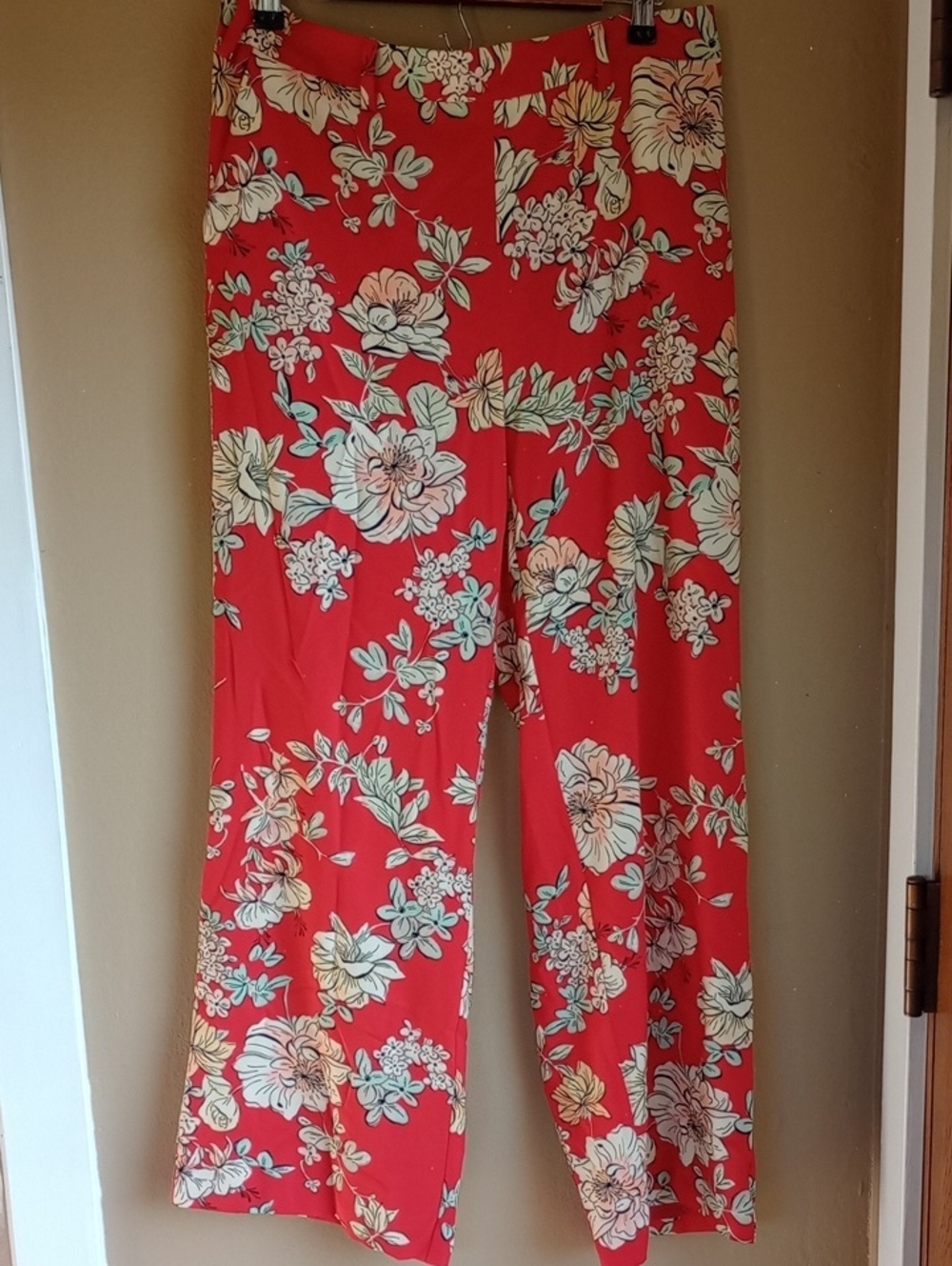 Zara Basic Floral Red Wide Leg Floral Flowy Pants  Size XL
